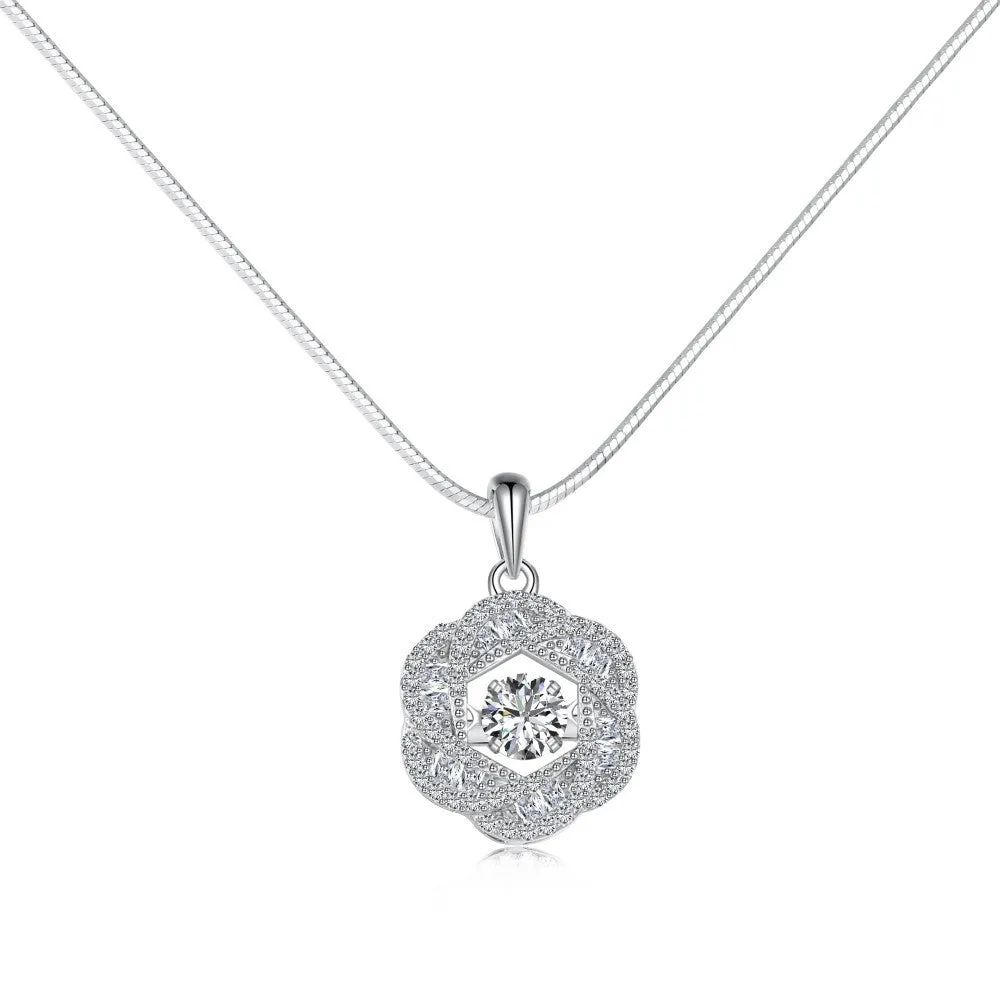 925 silver flower geometric pendant necklace with platinum electroplated finish for women