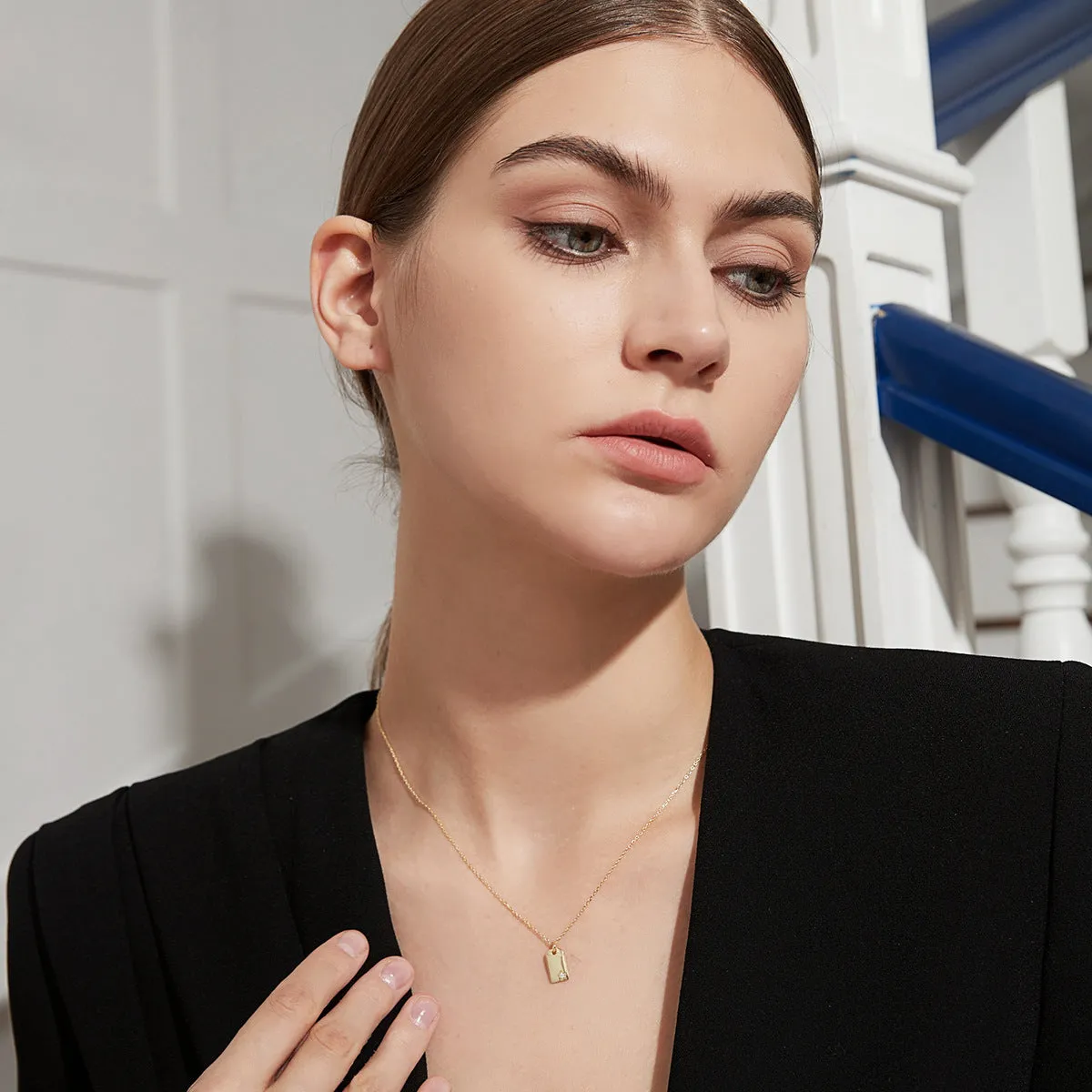 Square small hangtag necklace 925 sterling silver pendant women's cross chain geometric cold wind