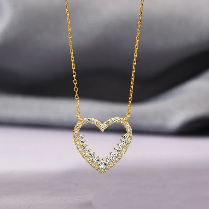 S925 sterling silver micro-inlaid heart necklace on cross chain in gold colour