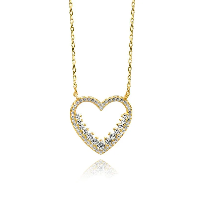 S925 sterling silver micro-inlaid heart necklace on cross chain in gold colour