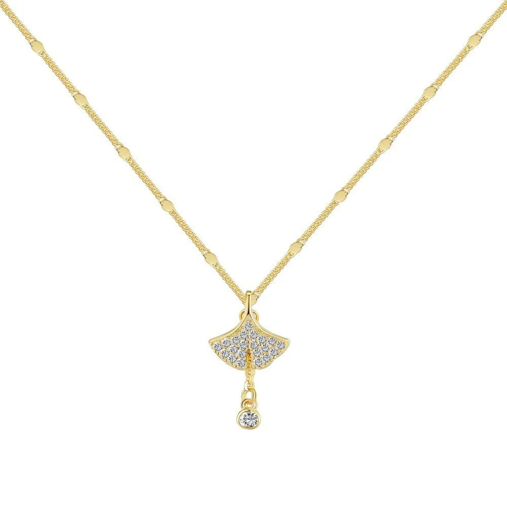 S925 sterling silver necklace with ginkgo leaf pendant in gold finish on curbs chain for women
