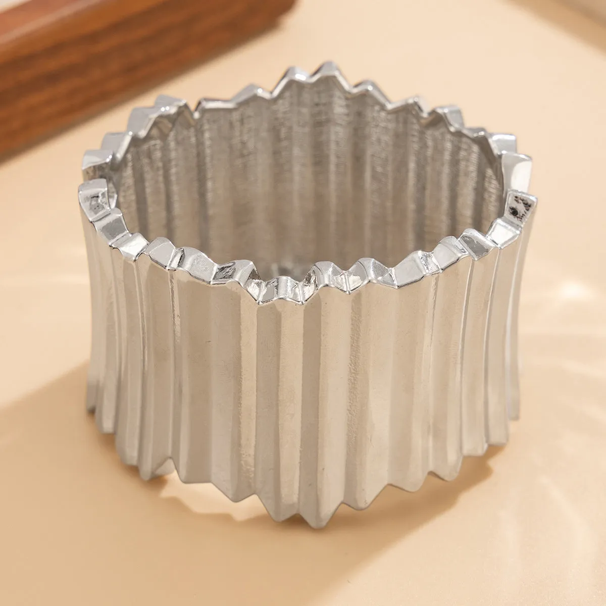 Punk metal texture ellipse pattern wide spring bracelet for women gold finish