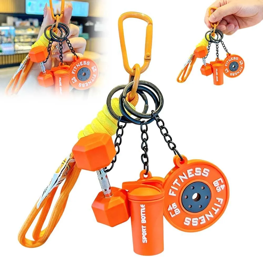 Four mini gym keychains in blue, green, orange, and purple made from alloy metal on a key ring