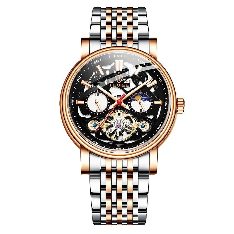Men's tourbillon mechanical watch with luminous hands on a black dial, showing a 16.5mm thick case.