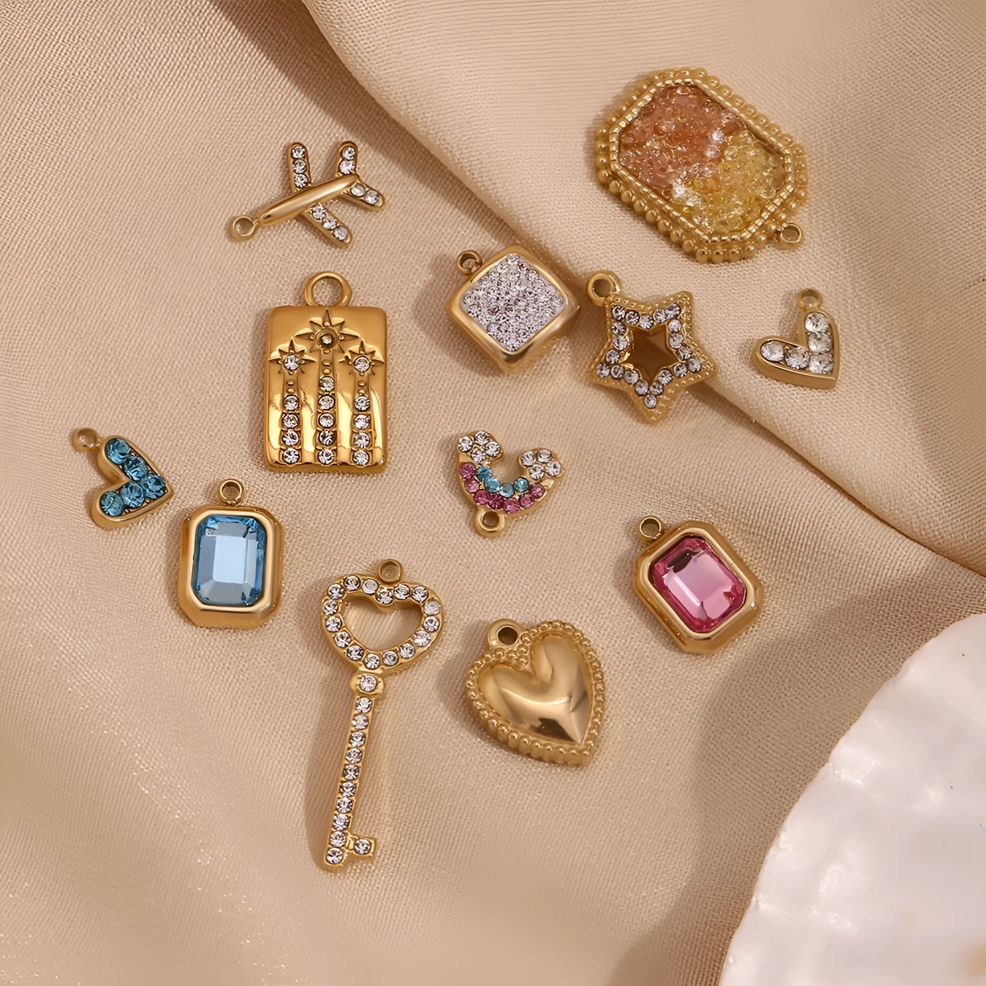 18K gold mini pendant with micro inlay colourful crystals on stainless steel base, geometric shape