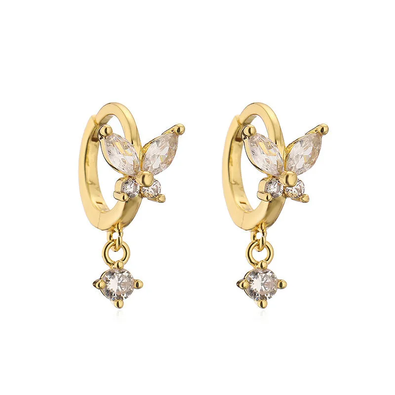 Copper earrings with inlaid colour diamond butterfly fringe design on white background