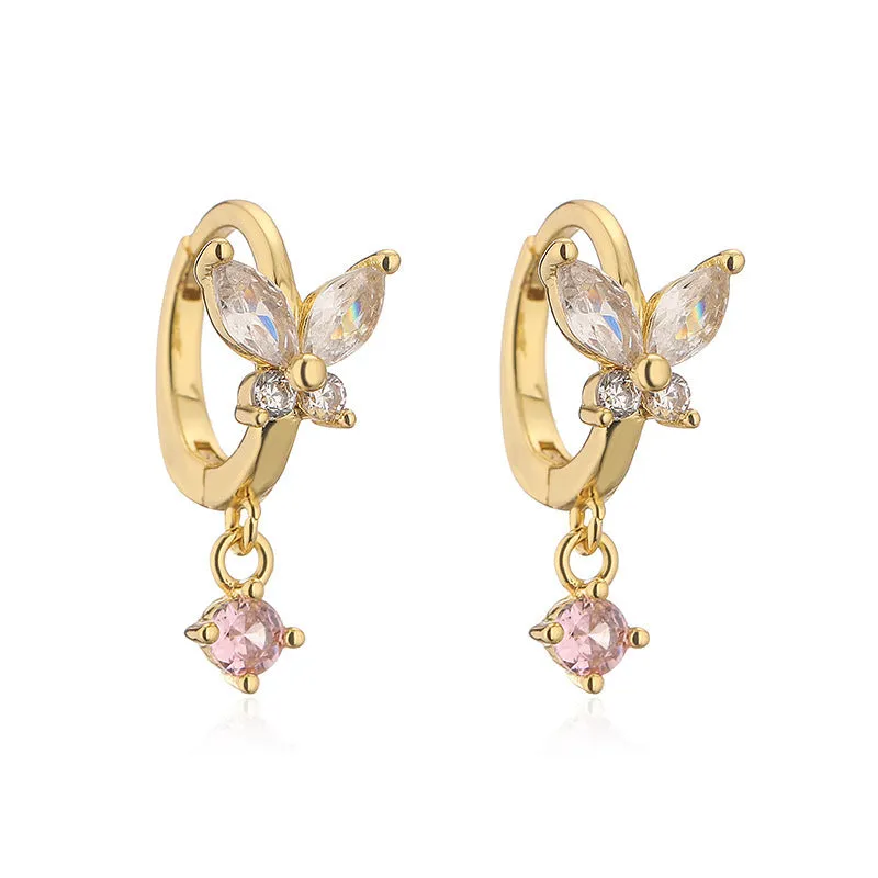 Copper earrings with inlaid colour diamond butterfly fringe design on white background