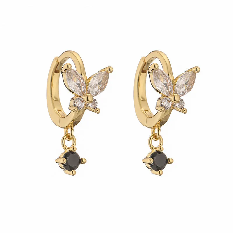 Copper earrings with inlaid colour diamond butterfly fringe design on white background