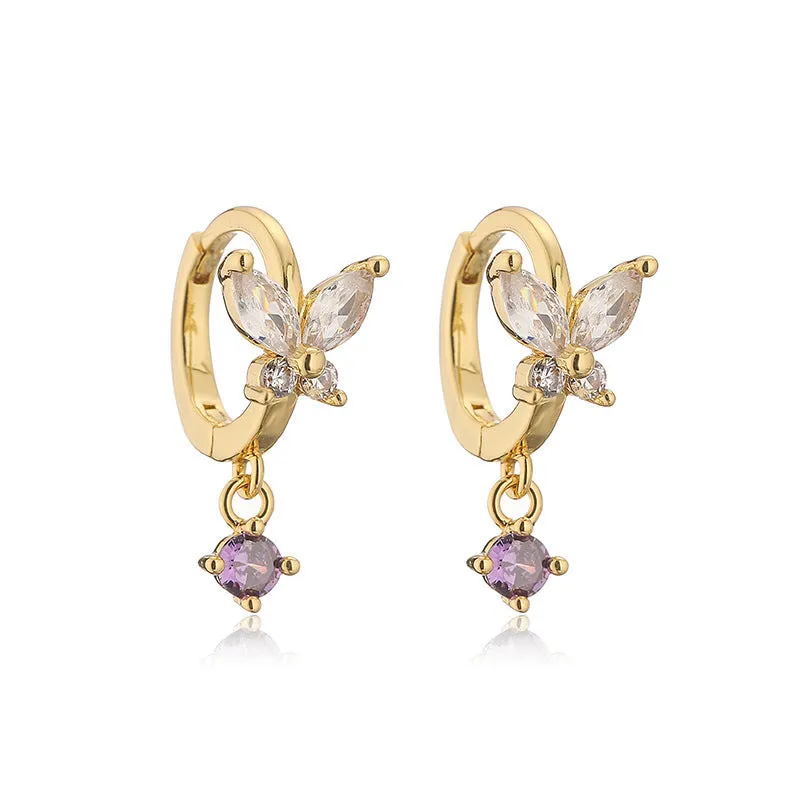 Copper earrings with inlaid colour diamond butterfly fringe design on white background
