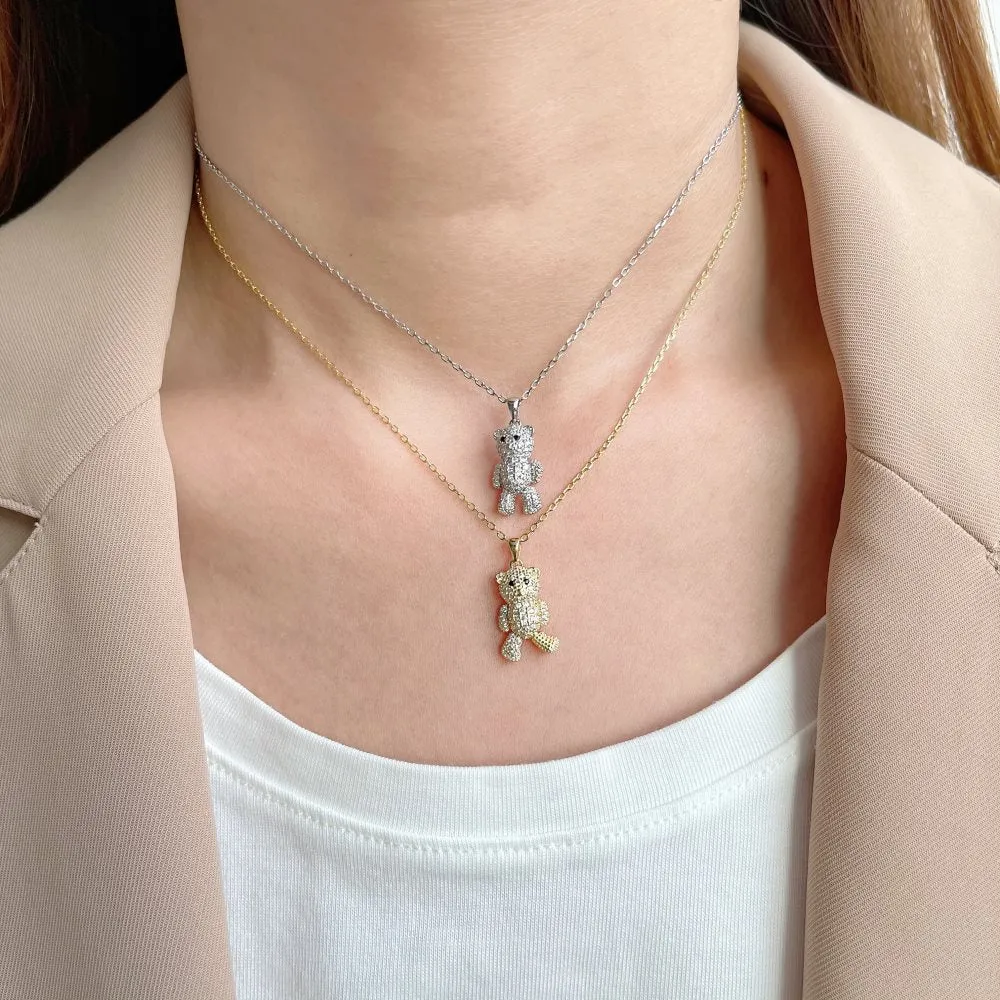 925 silver clavicle necklace with a cute geometric bear pendant in gold or white gold colour for women