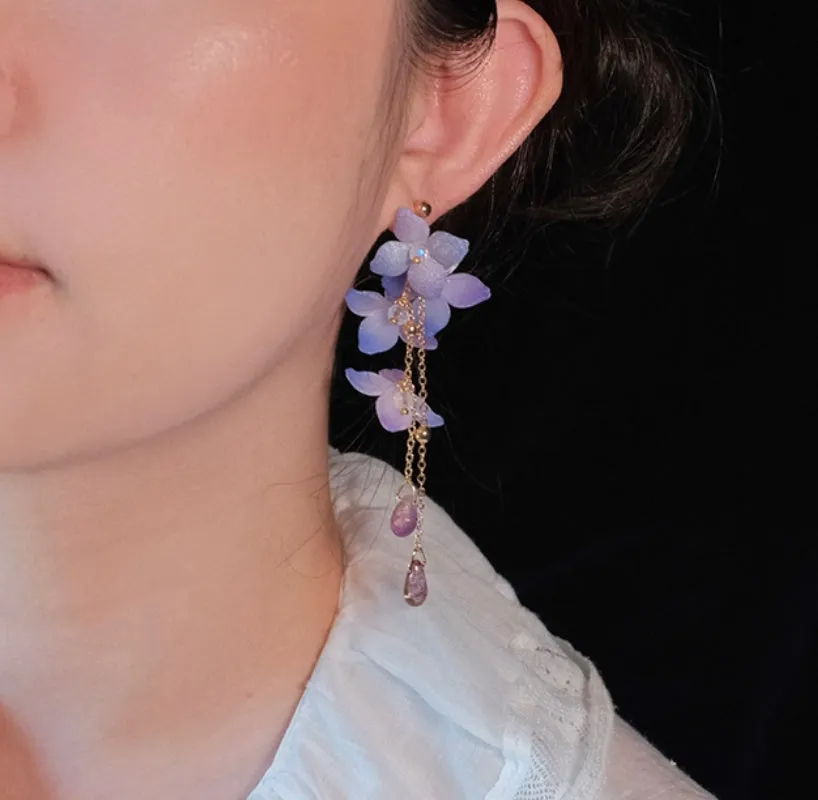 Handmade cold blue purple flower long tassel water drop earrings with gold-plated inlaid artificial gem