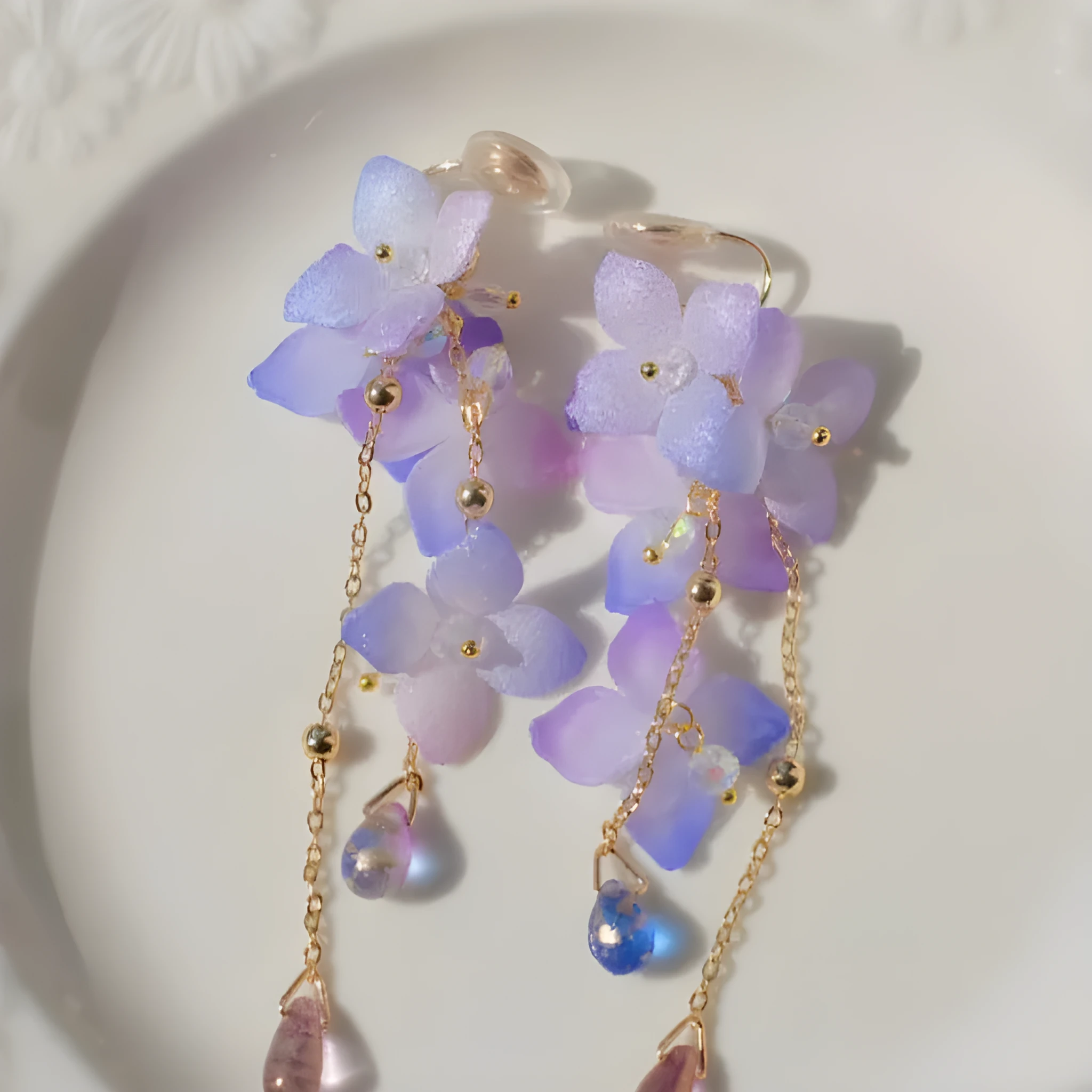 Handmade cold blue purple flower long tassel water drop earrings with gold-plated inlaid artificial gem