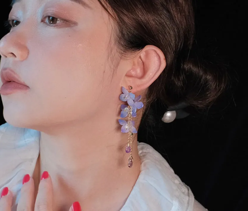 Handmade cold blue purple flower long tassel water drop earrings with gold-plated inlaid artificial gem