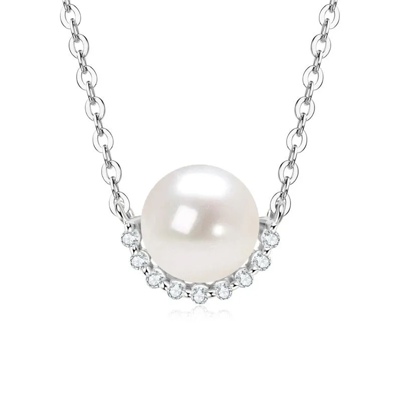 Women's 925 silver pendant necklace with pearl inlay and rhinestone accents in gold finish