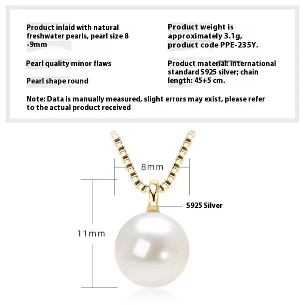 Women's 925 silver pendant necklace with pearl inlay and rhinestone accents in gold finish
