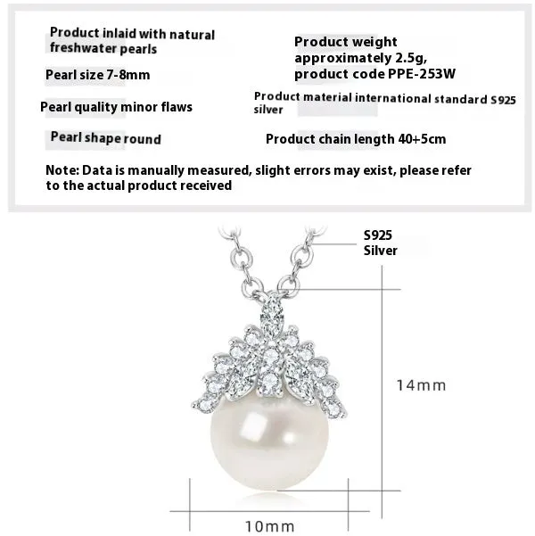 Women's 925 silver pendant necklace with pearl inlay and rhinestone accents in gold finish