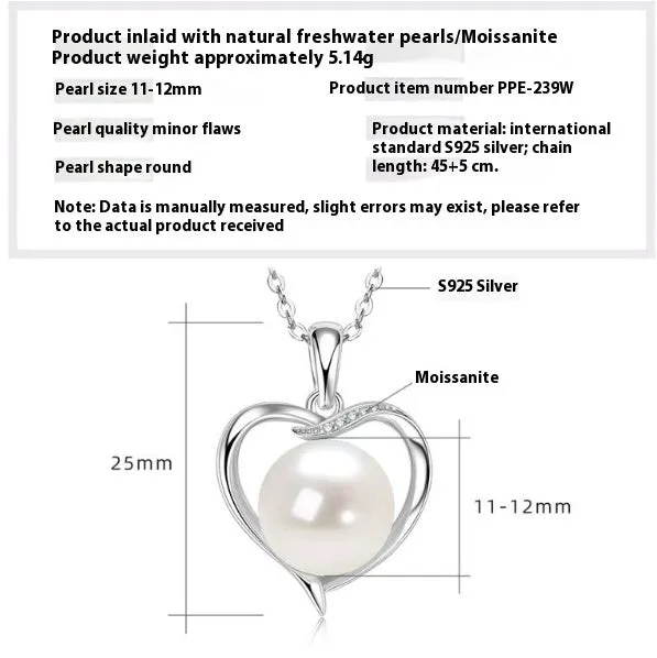 Women's 925 silver pendant necklace with pearl inlay and rhinestone accents in gold finish