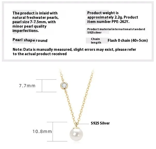 Women's 925 silver pendant necklace with pearl inlay and rhinestone accents in gold finish