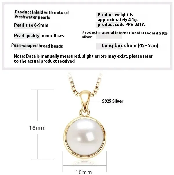 Women's 925 silver pendant necklace with pearl inlay and rhinestone accents in gold finish