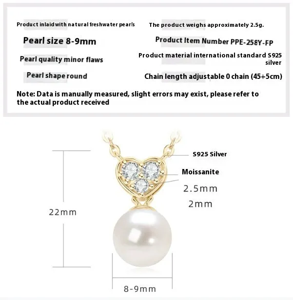 Women's 925 silver pendant necklace with pearl inlay and rhinestone accents in gold finish