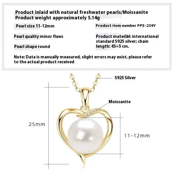 Women's 925 silver pendant necklace with pearl inlay and rhinestone accents in gold finish