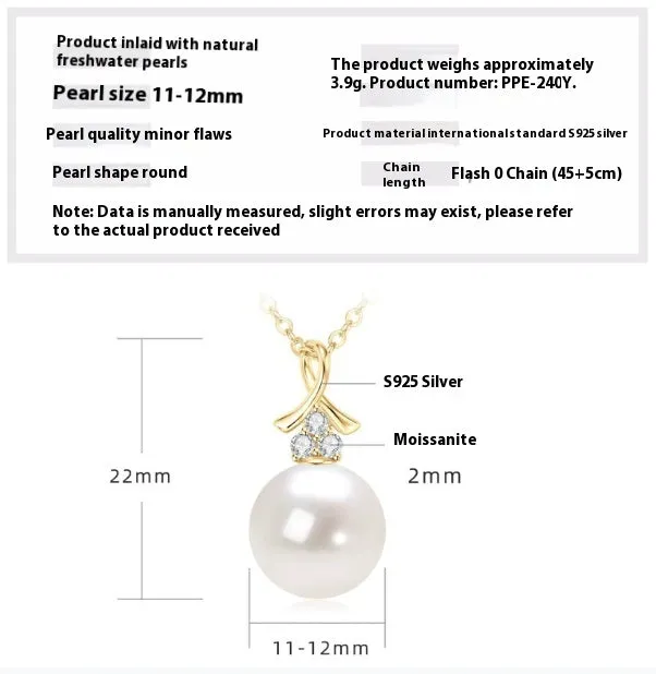 Women's 925 silver pendant necklace with pearl inlay and rhinestone accents in gold finish