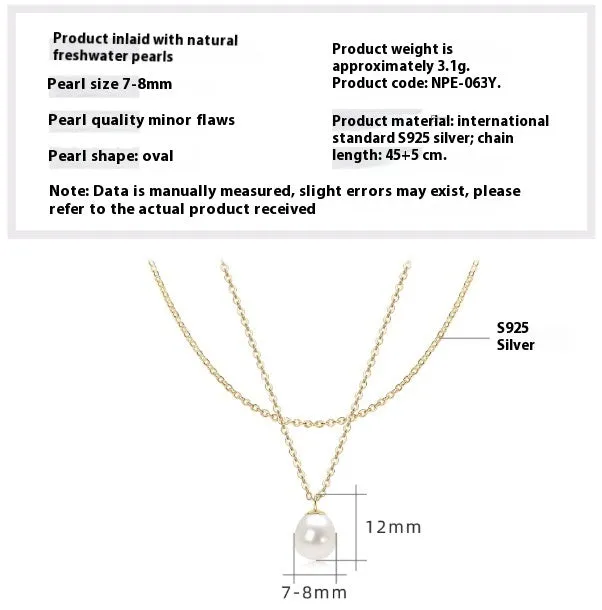 Women's 925 silver pendant necklace with pearl inlay and rhinestone accents in gold finish