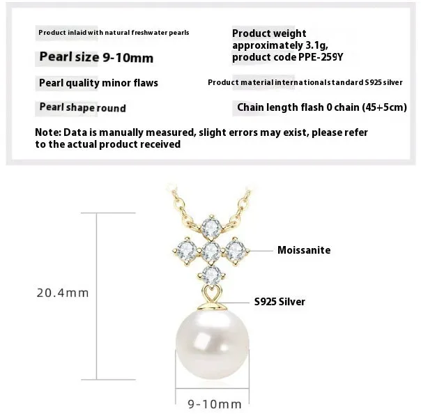 Women's 925 silver pendant necklace with pearl inlay and rhinestone accents in gold finish