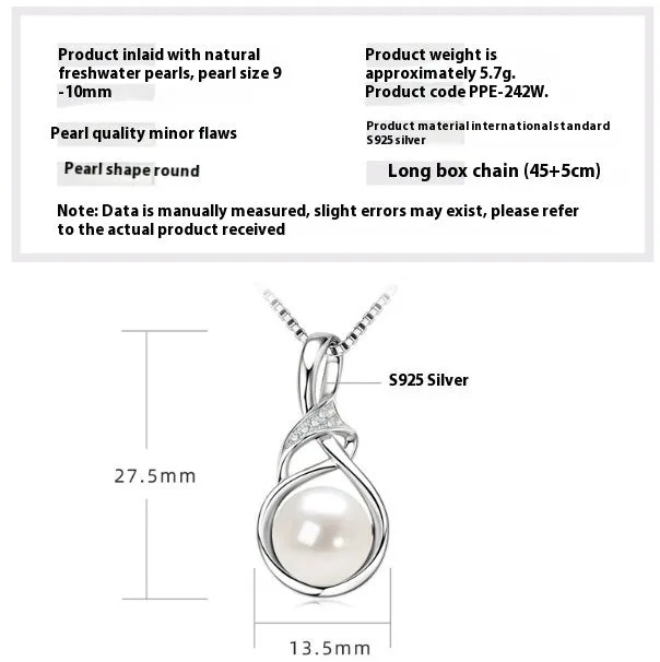 Women's 925 silver pendant necklace with pearl inlay and rhinestone accents in gold finish