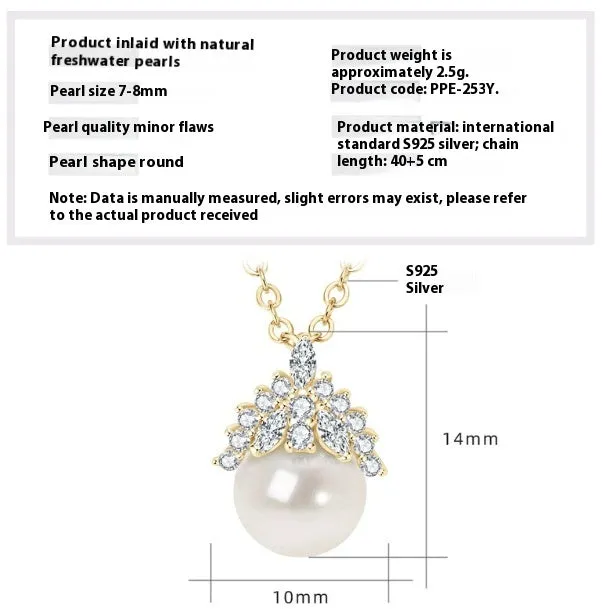 Women's 925 silver pendant necklace with pearl inlay and rhinestone accents in gold finish
