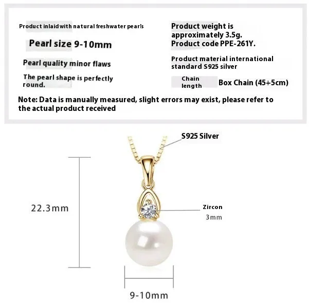 Women's 925 silver pendant necklace with pearl inlay and rhinestone accents in gold finish