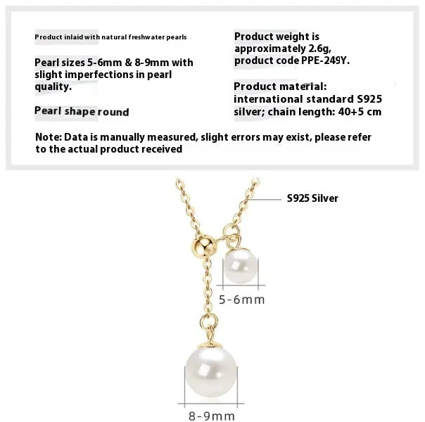 Women's 925 silver pendant necklace with pearl inlay and rhinestone accents in gold finish