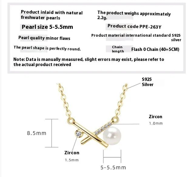 Women's 925 silver pendant necklace with pearl inlay and rhinestone accents in gold finish
