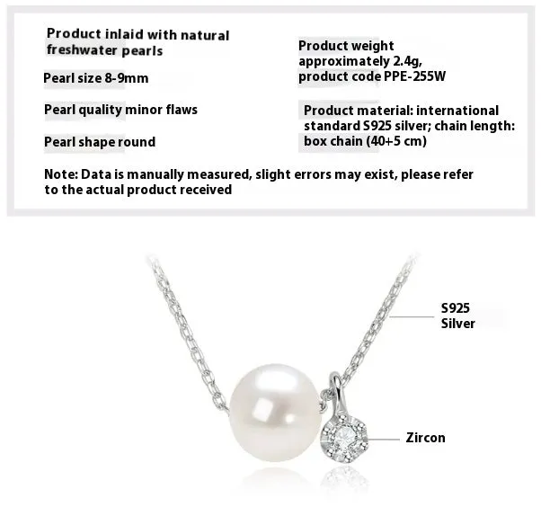 Women's 925 silver pendant necklace with pearl inlay and rhinestone accents in gold finish