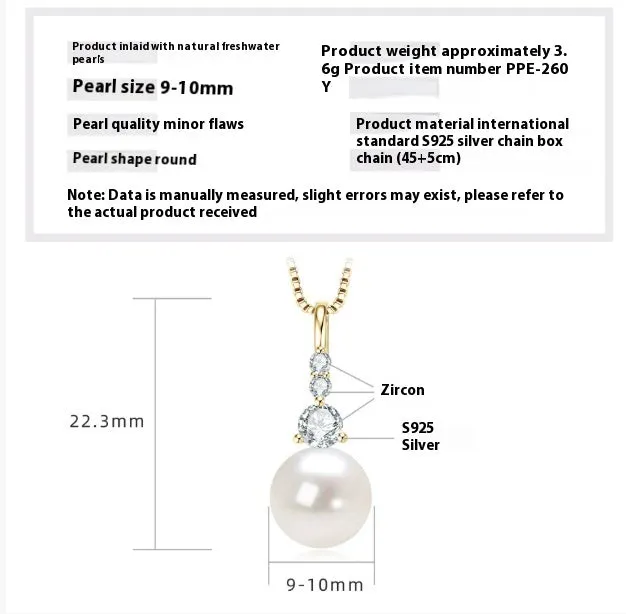 Women's 925 silver pendant necklace with pearl inlay and rhinestone accents in gold finish