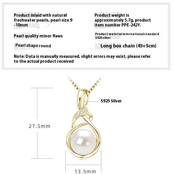 Women's 925 silver pendant necklace with pearl inlay and rhinestone accents in gold finish