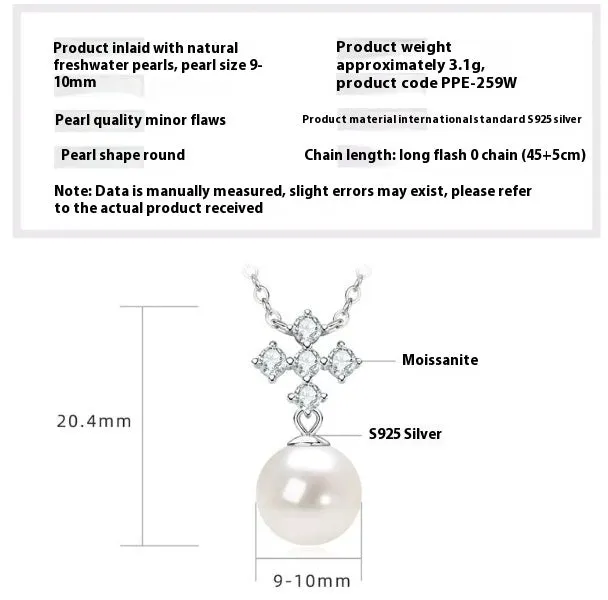Women's 925 silver pendant necklace with pearl inlay and rhinestone accents in gold finish