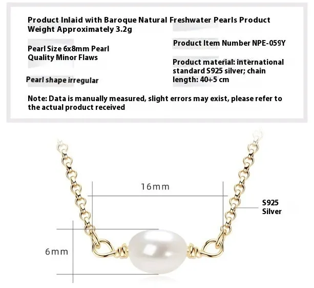 Women's 925 silver pendant necklace with pearl inlay and rhinestone accents in gold finish