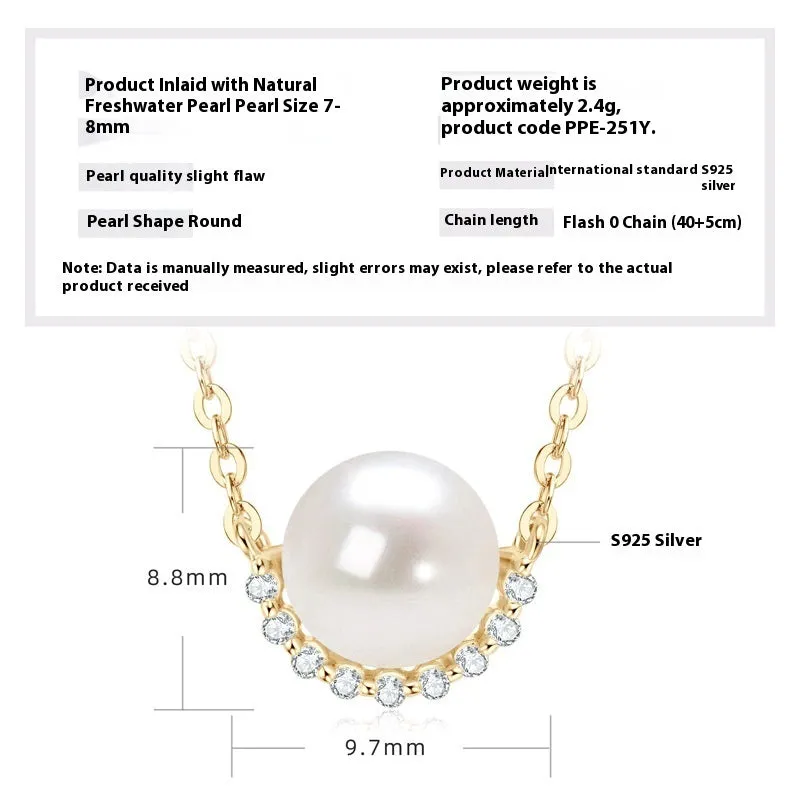 Women's 925 silver pendant necklace with pearl inlay and rhinestone accents in gold finish