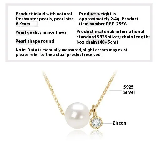 Women's 925 silver pendant necklace with pearl inlay and rhinestone accents in gold finish