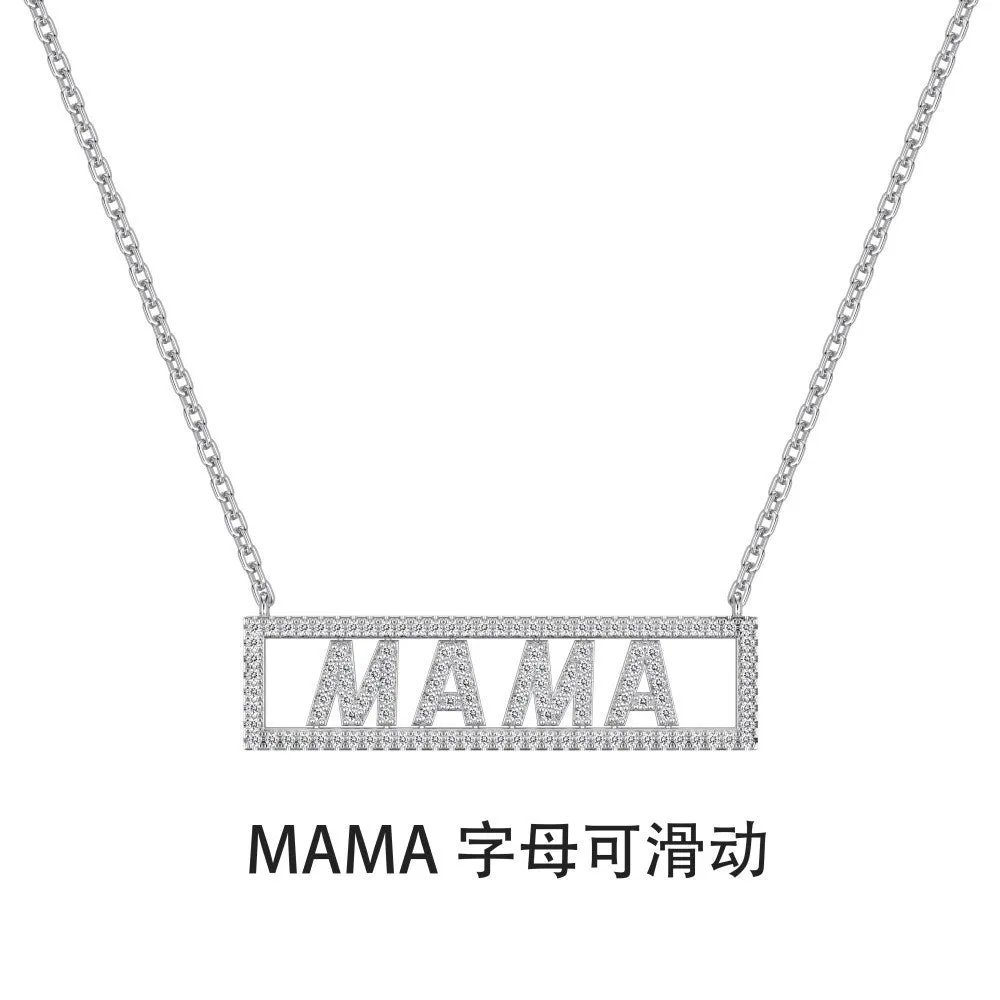 Women's 925 silver MAMA letter necklace with inlaid zircon stones, gold finish, simple style