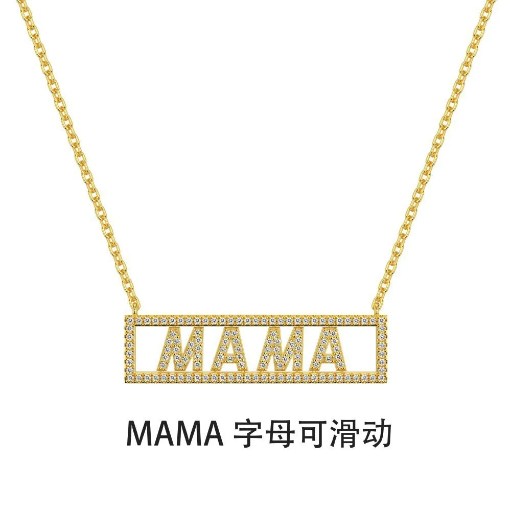 Women's 925 silver MAMA letter necklace with inlaid zircon stones, gold finish, simple style