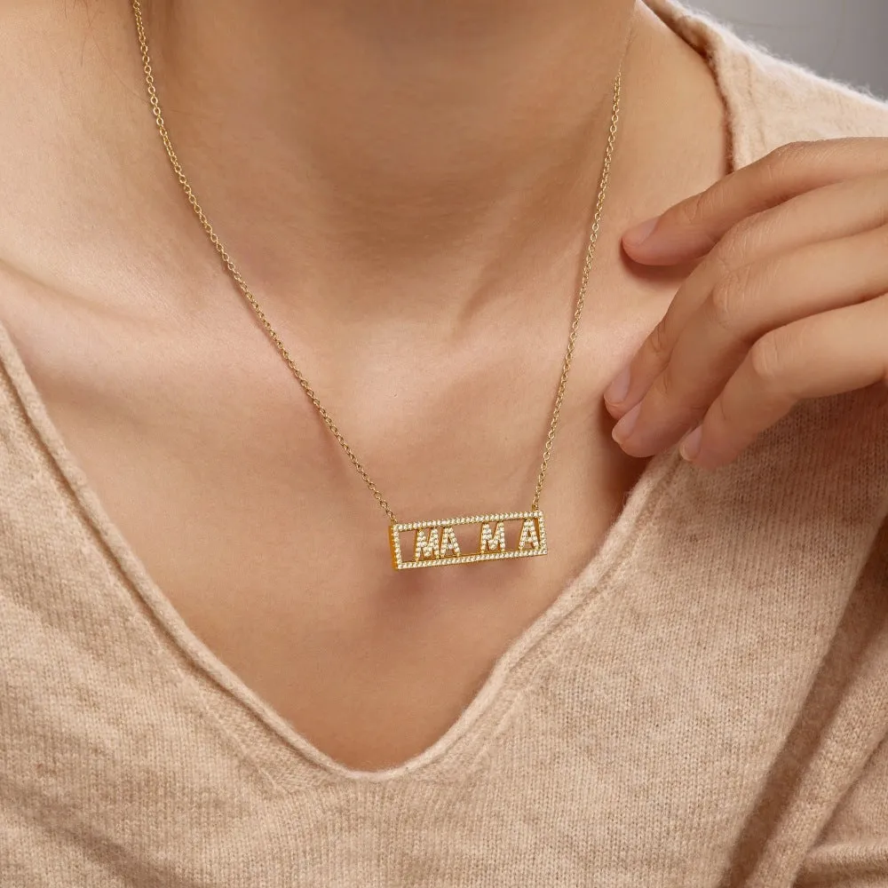 Women's 925 silver MAMA letter necklace with inlaid zircon stones, gold finish, simple style