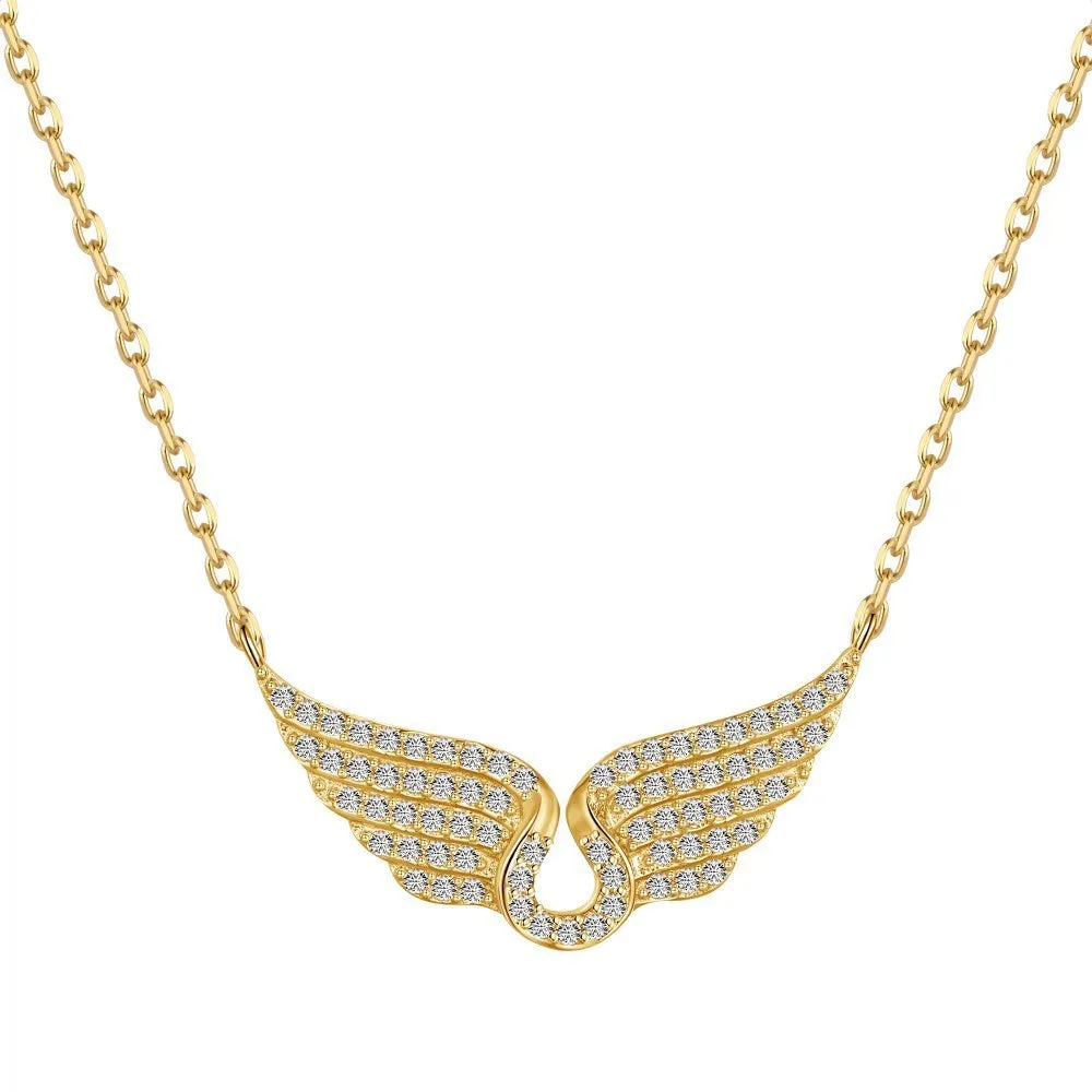 925 sterling silver wings fashion necklace on display with electroplated finish in white or yellow gold tone