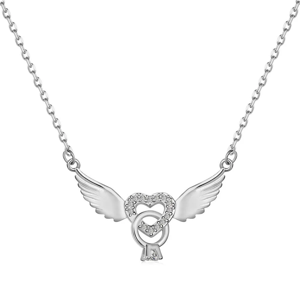 Heart-shaped zircon pendant necklace in 925 sterling silver with wings motif, electroplated finish