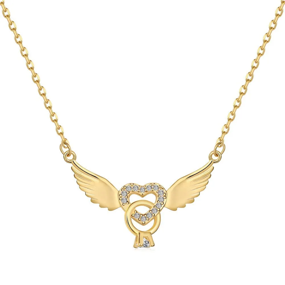 Heart-shaped zircon pendant necklace in 925 sterling silver with wings motif, electroplated finish