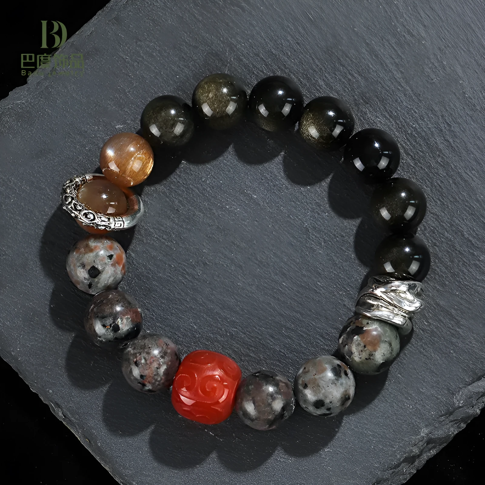 Handcrafted gold obsidian and red agate stone bracelet with Wukong pattern design