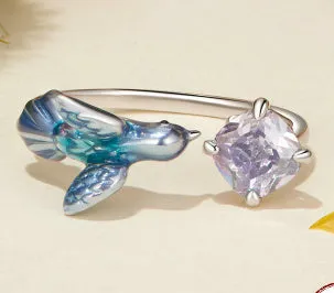Gradient kingfisher sterling silver adjustable opening ring for women with bird motif