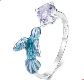 Gradient kingfisher sterling silver adjustable opening ring for women with bird motif