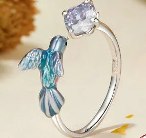 Gradient kingfisher sterling silver adjustable opening ring for women with bird motif